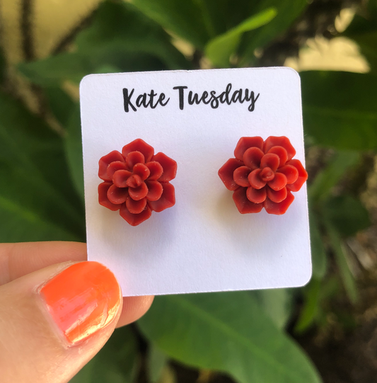 Succulent Flower Stud Earrings - Red