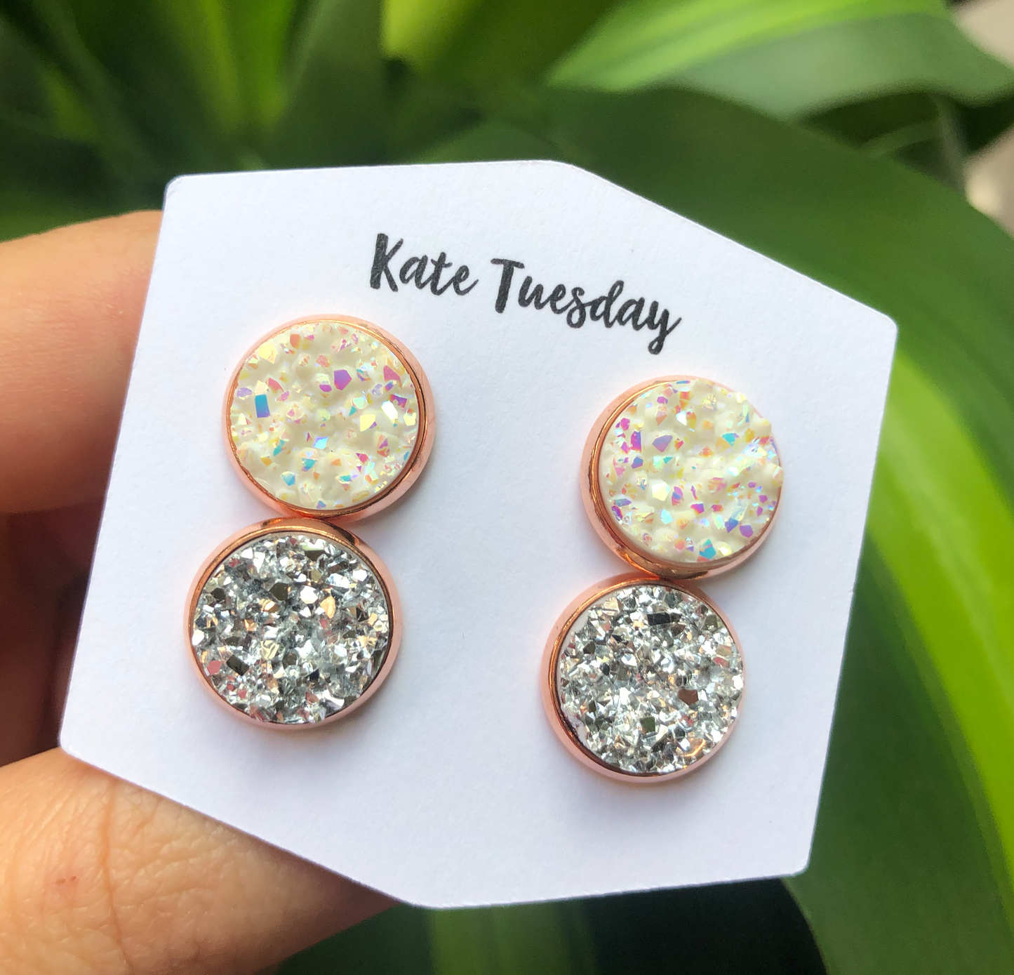 Double White + Silver Druzy in Rose Gold Setting