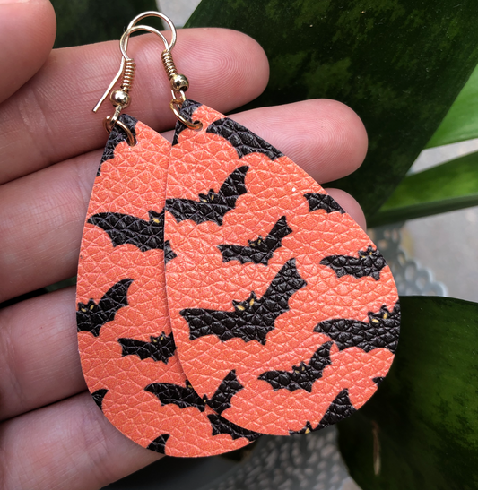 Orange Halloween Bats Faux Leather Double Sided Earrings