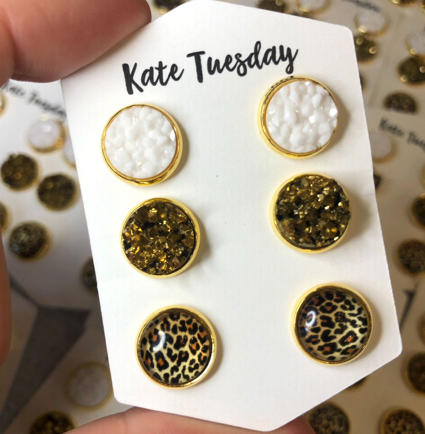 Cheetah White + Gold Druzy 10mm Earrings Triple Set