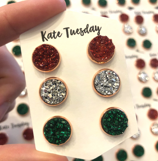 Sparkle Holiday Red, Green and Silver 10mm Druzy Triple Set