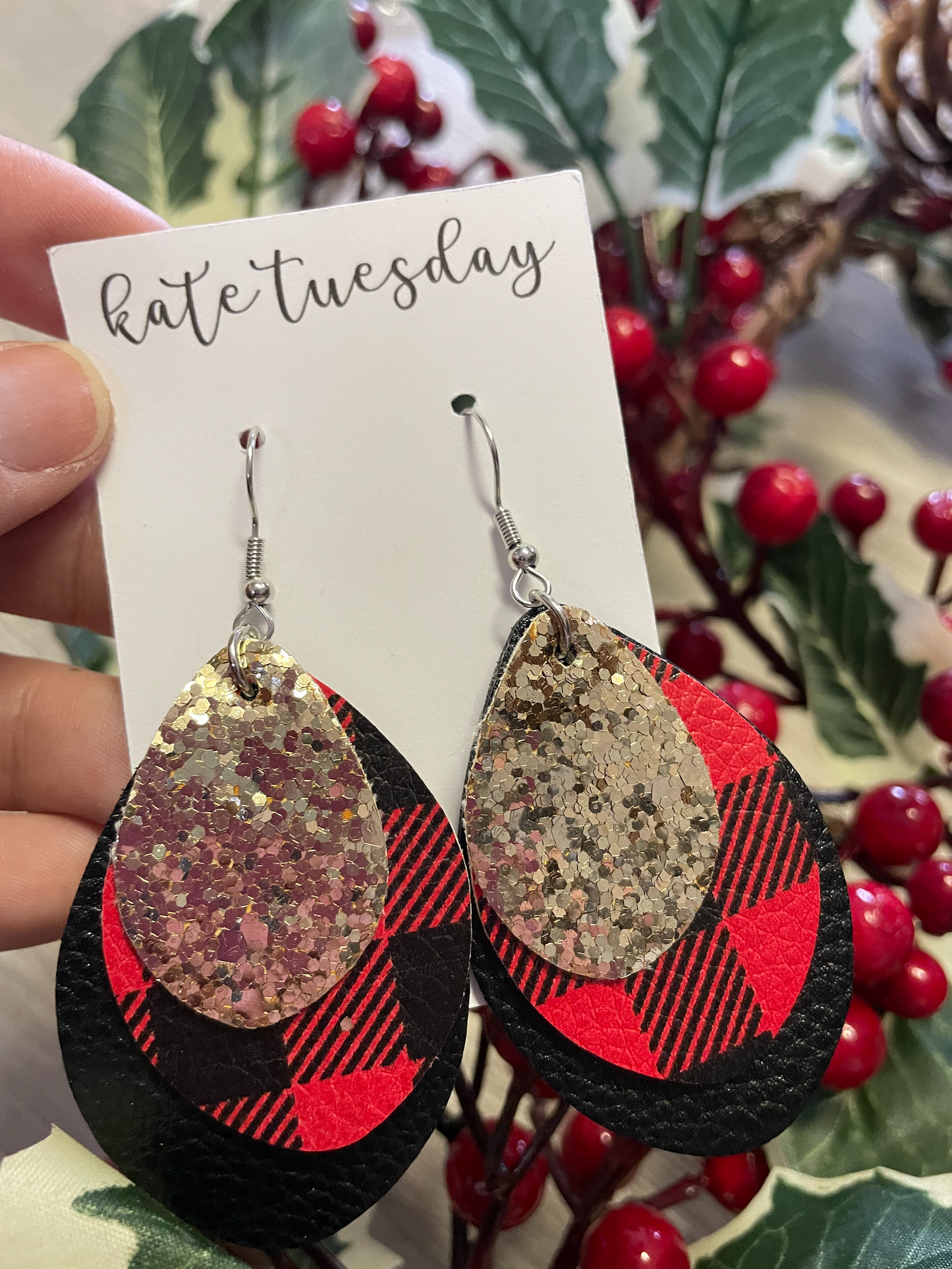 Holiday Gold Glitter 3 Layer Faux Leather Earrings
