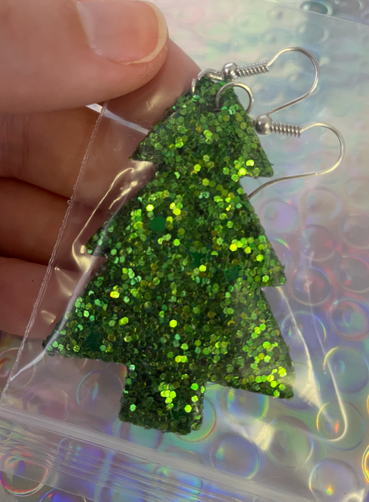 Holiday Sale Leather Earrings! Green Tree Glitter Double Sided