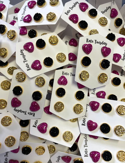 Valentines Hot Magenta Glitter Hearts, Black + Gold 10mm Druzy Triple Sets