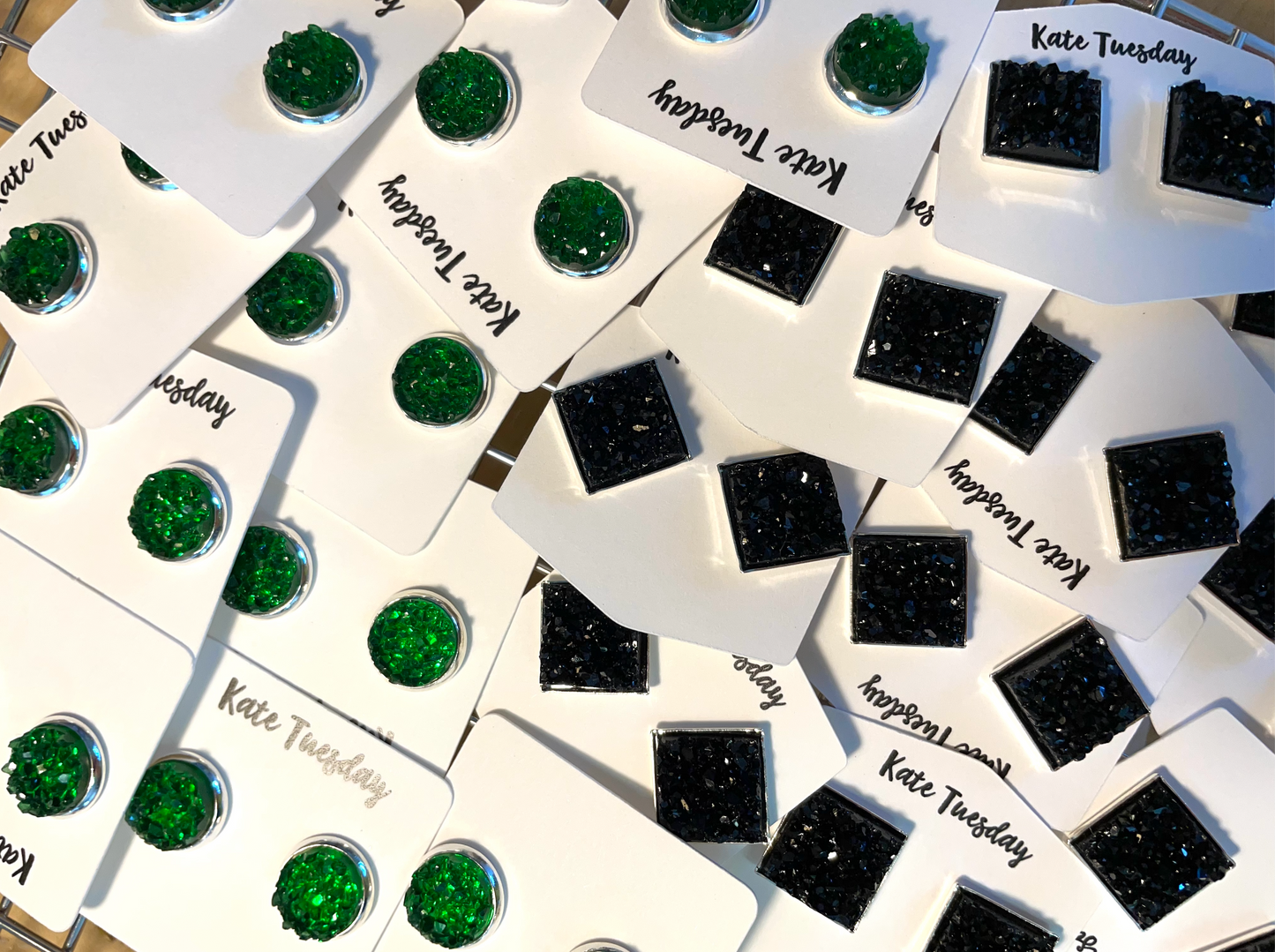 Black Square Druzy Earrings + 10mm Green Druzy Earrings