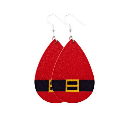 Holiday Santa Belt Buckle Red Leather Earrings