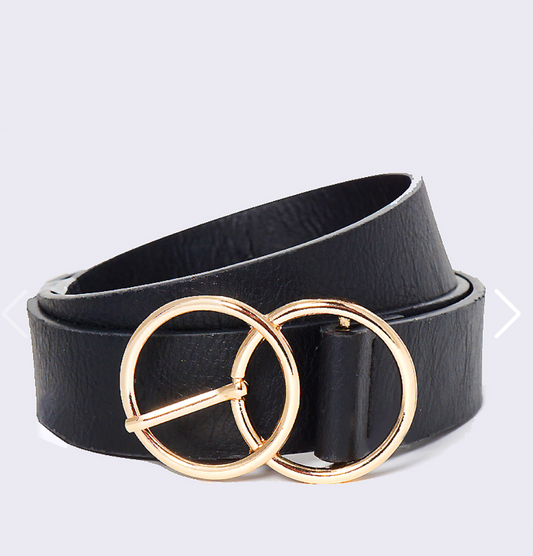 Black Double Circle Designer Inspired Metal Buckle Leatherette Belt