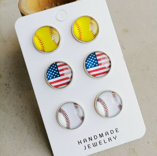 Triple Set of Baseball Softball Patriotic Stud Earrings