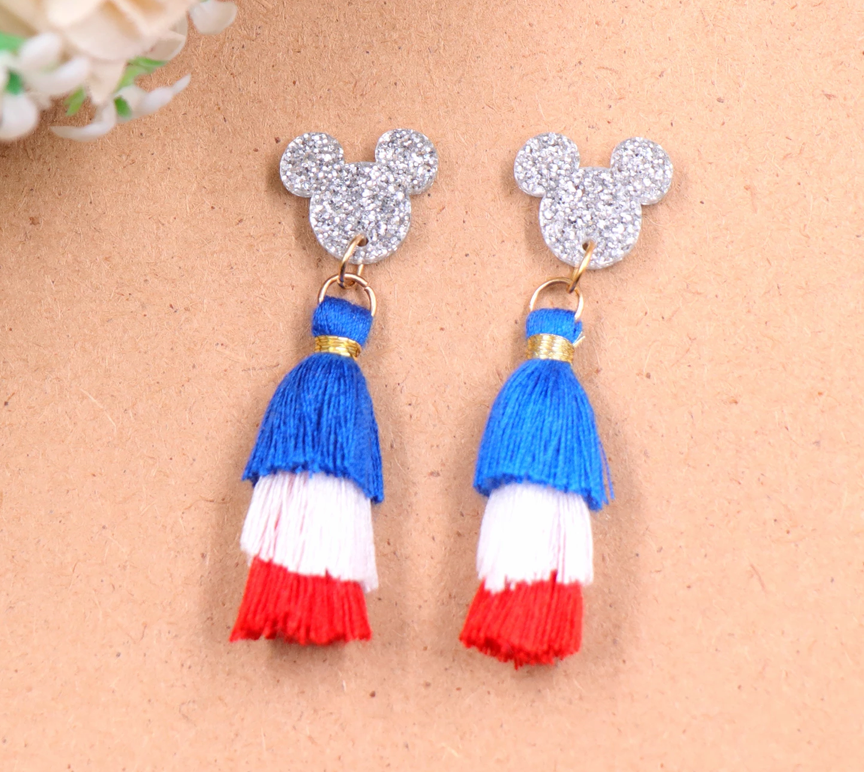 Red White Blue Patriotic 4th of July Mouse Hanging Tassel Earrings