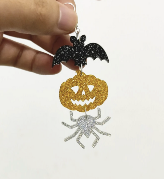 3 Layer Glitter Halloween Earrings Bat Jack O Lantern Spider