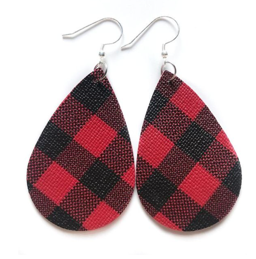 Red and Black Plaid Faux Leather Earrings