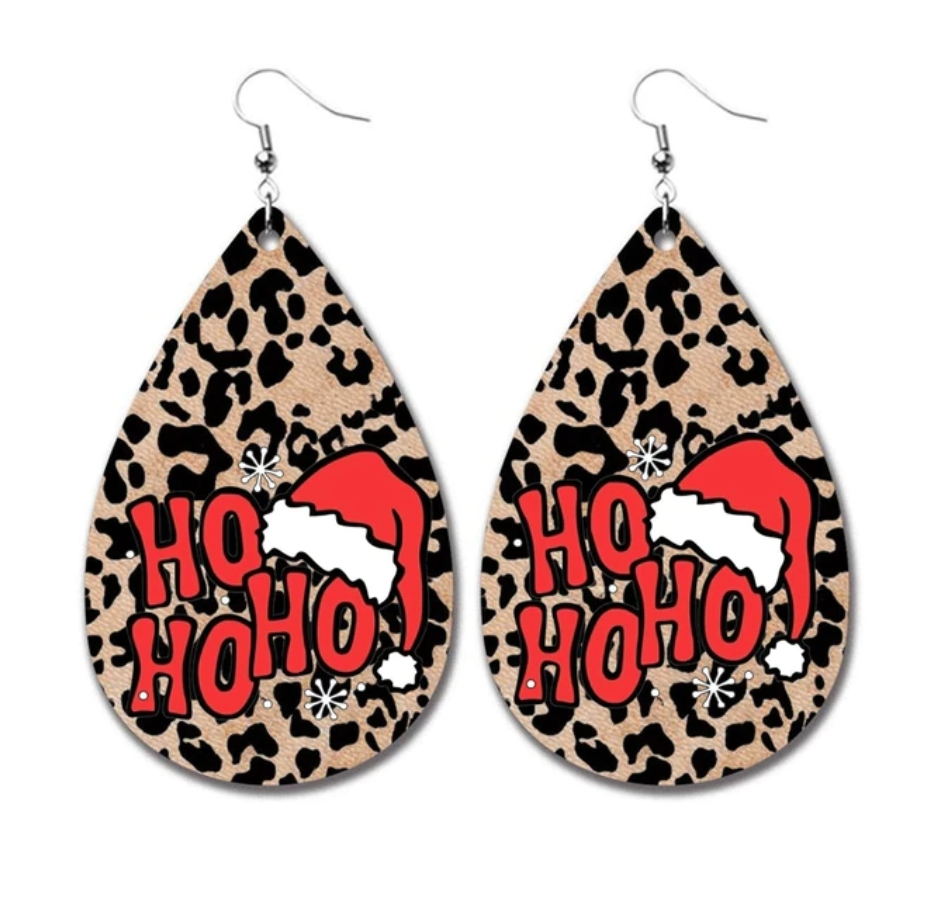 Ho Ho Cheetah Christmas Leather Earrings