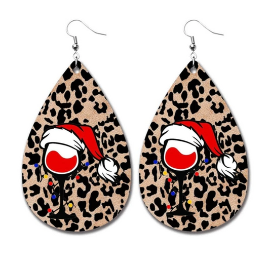 Wine Glass and Lights Cheetah Christmas Leather Earrings