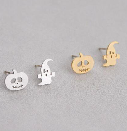 Silver + Gold Jack O Lantern Pumpkin + Ghost Stud Earrings