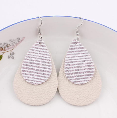 Striped Leather Glitter Hang Earrings Pink