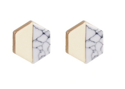 Gold and White Marble Stud Hexagon Earrings