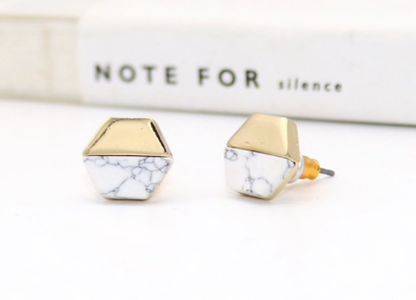 Gold and White Marble Stud Hexagon Earrings