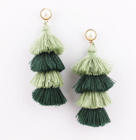 Olive Green Tassel Pearl Stud Earrings