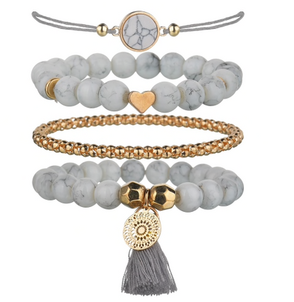 Grey Babe Faux Marble Tassel Summer Bracelet Set