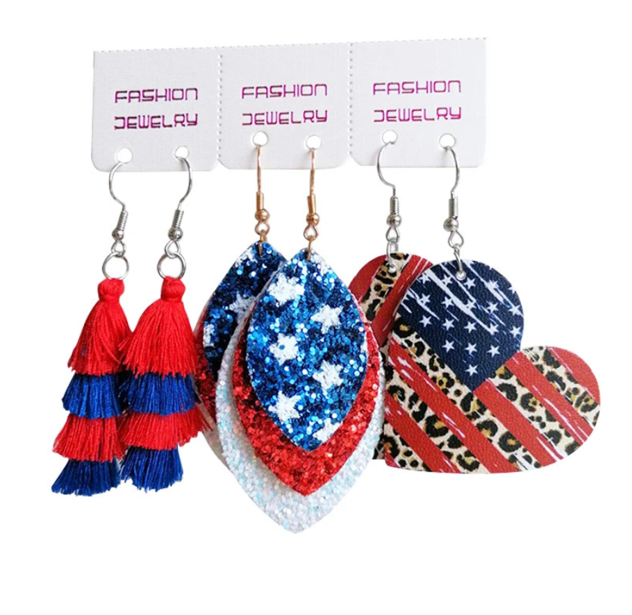 Triple Patriotic Glitter Tassel Earring Set