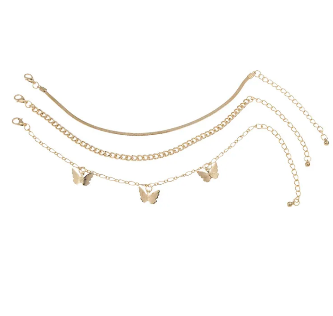 Butterfly 3 Piece Gold Anklet