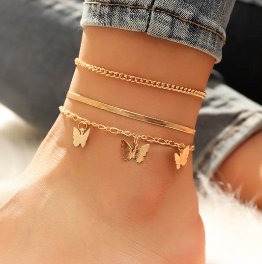 Butterfly 3 Piece Gold Anklet