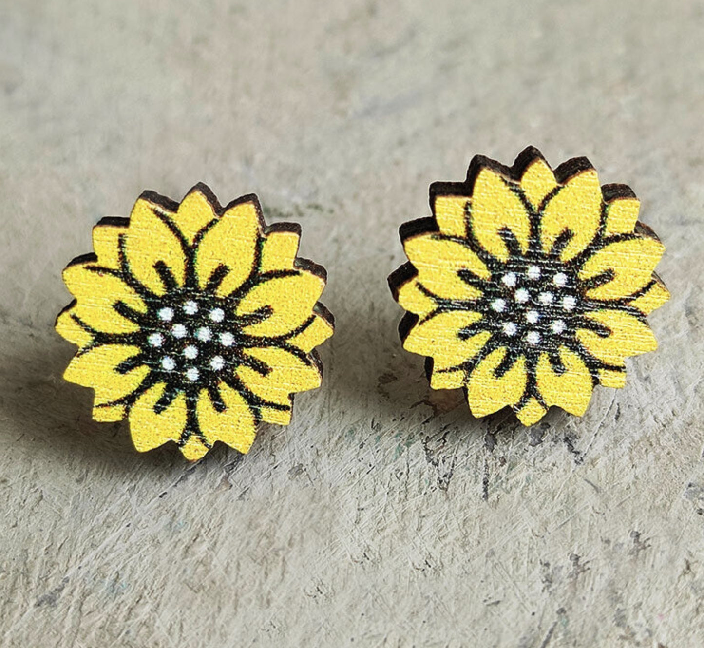 Yellow Flower Wood Stud Earrings