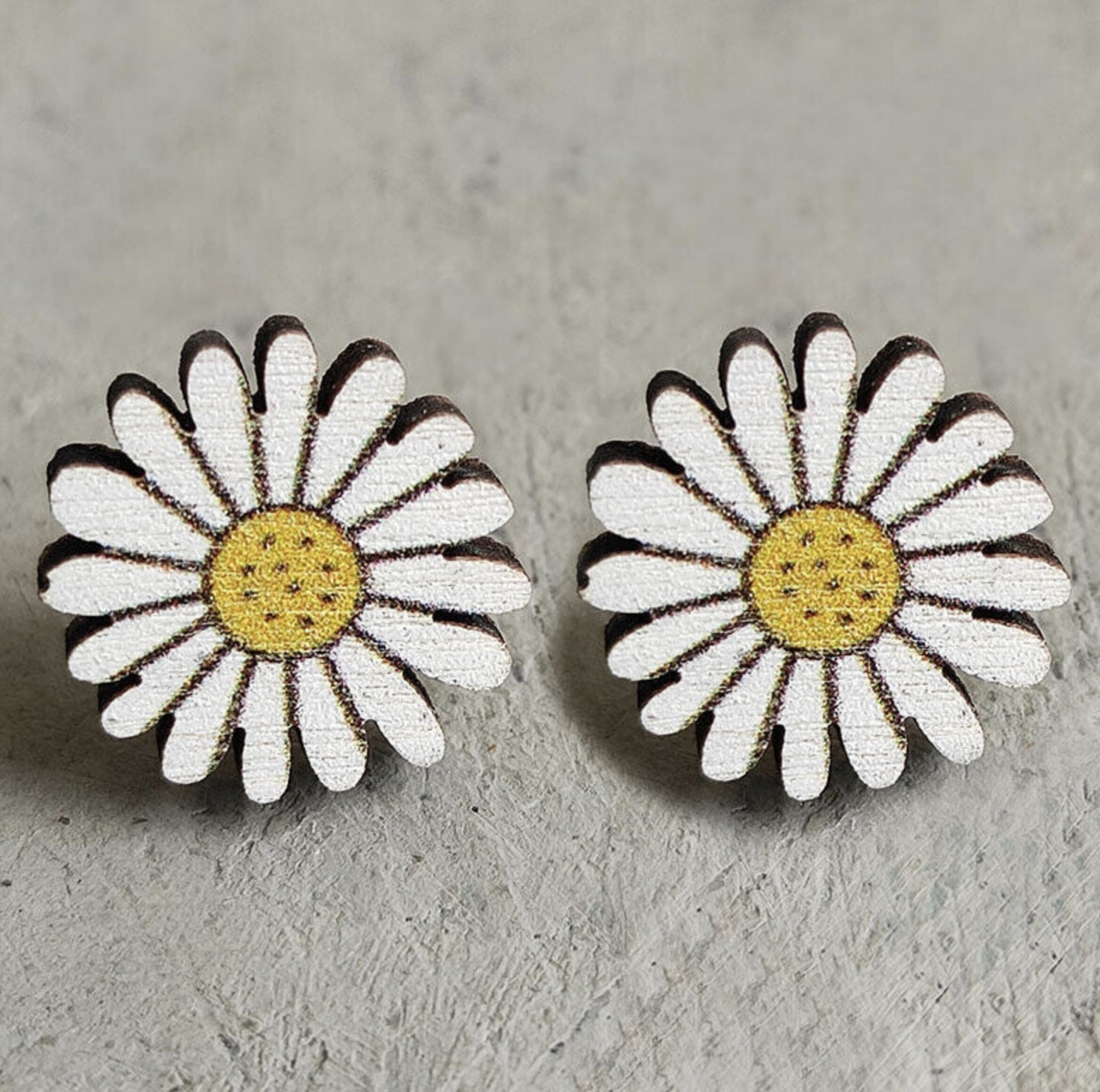 White Daisy Flower Wood Stud Earrings
