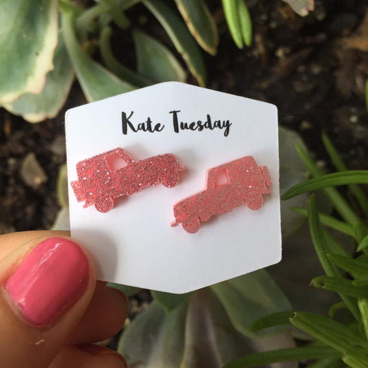 Pink Sparkly Jeep Stud Acrylic Earrings
