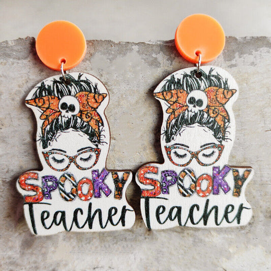 Spooky Teacher Halloween Wood Earrings