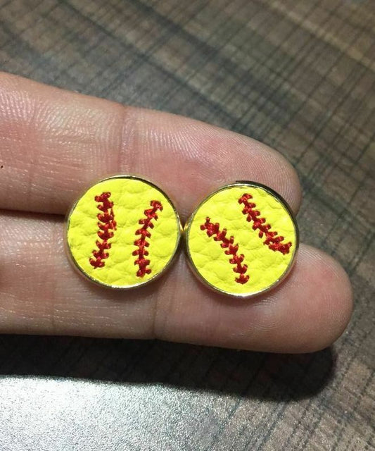 Softball Leather Embroidered Stud Earrings 14mm