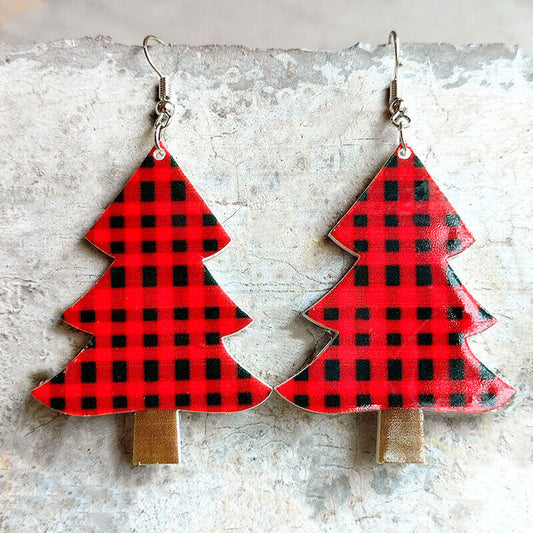 Red and Black Plaid Holiday Tree Double Sided Earrings