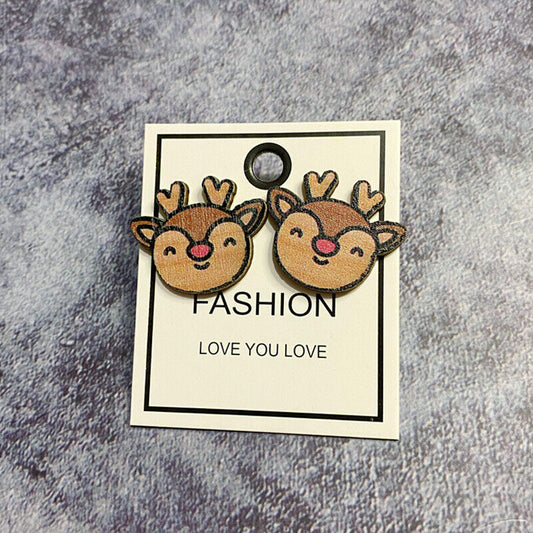 Reindeer Wood Holiday Stud Earrings