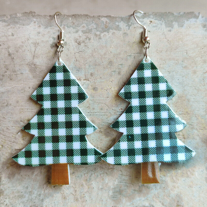 Black and White Plaid Holiday Tree Earrings