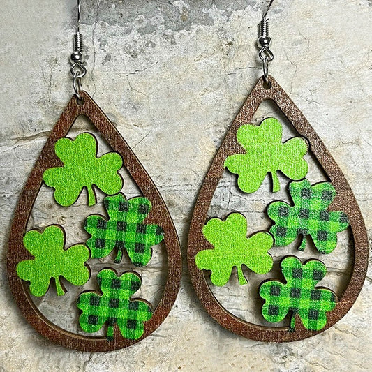 Wood 4 Leaf Clover Shamrock Hanging Earrings