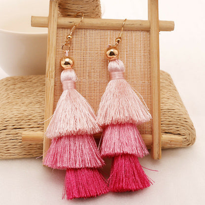 3 Layer Hot Pink Tassel Earrings