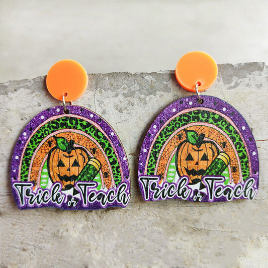 Trick Or Teach Halloween Wood Earrings
