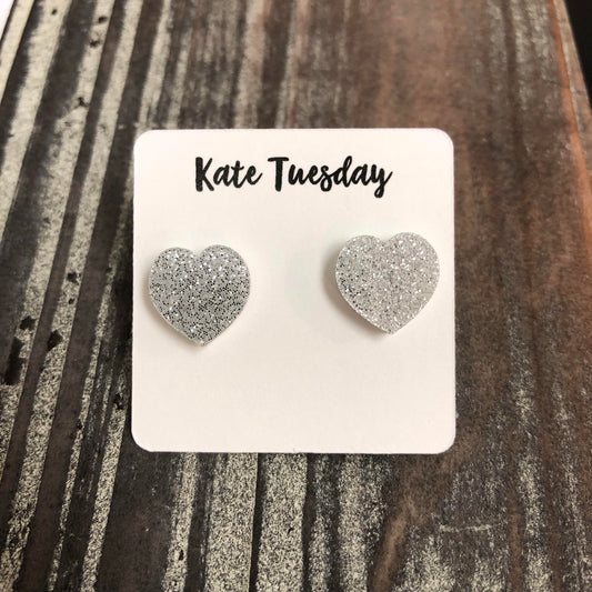 Silver Glitter Heart Stud Earrings