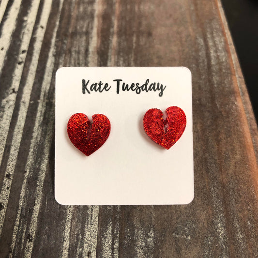 Red Glitter Broken Heart Earrings