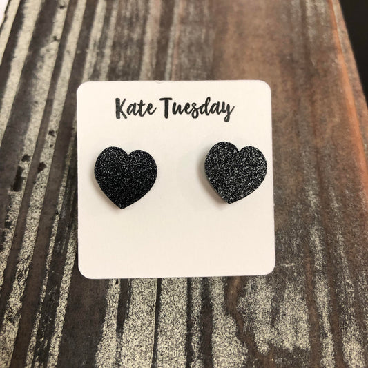 Black Glitter Heart Stud Earrings